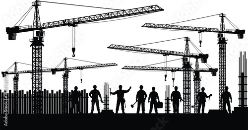 Black silhouette of construction tower cranes and professional workers at building site, industrial development and civil engineering icons, isolated set,
