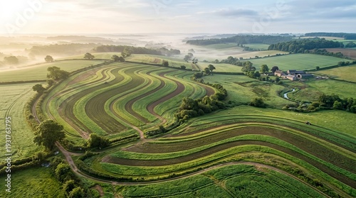 Aerial view of rolling green fields with mist at sunrise
