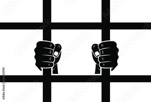 Black and white vector illustration of hands grasping prison bars for justice crime law punishment incarceration freedom human rights isolated on white background