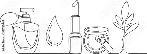 Continuous line art of beauty cosmetics set: minimalist perfume bottle, lipstick, powder, and organic leaf