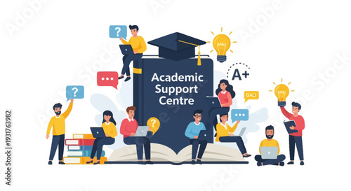Academic Support Centre Illustration. Diverse students learning, seeking tutoring help, consulting, and achieving success (A+) in education.