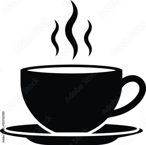 Black coffee cup with steam rising on a saucer hot drink beverage