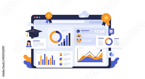 Online Learning Analytics Dashboard Illustration. EdTech Student Performance Tracking, Data Management, and Academic Progress Report Screen.