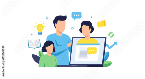 Virtual Education and Online Learning Concept. Flat vector illustration of students, teacher, and family collaborating via laptop for e-learning, mentorship, and skill development.