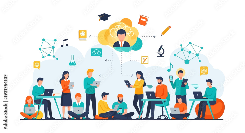 Fototapeta premium Collaborative E-Learning Network. Students and Mentors Using Digital Devices for Online Education, Knowledge Sharing, and Study Group Connection.