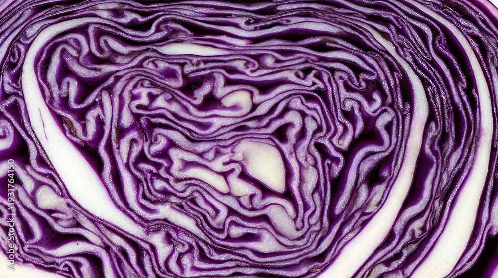 Obraz premium Red cabbage cross-section, mesmerizing purple and white swirling layered pattern, natural geometry