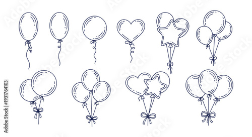 Detailed Doodle Style Outline Party Balloons Collection Festive Celebration Elements Vector Art
