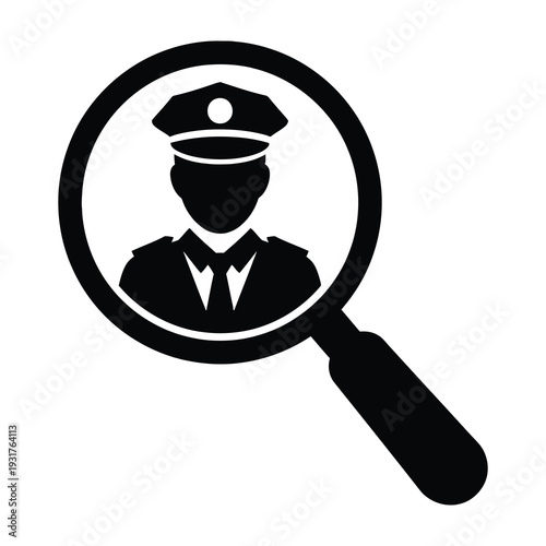 Silhouette of a policeman under magnifying glass symbolizing investigation