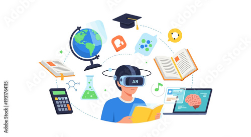 Augmented Reality Education Concept. Student Using AR Headset for Immersive E-learning, surrounded by school subjects, globe, books, and digital knowledge icons.