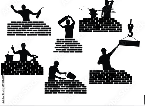 Black silhouette of construction workers building brick walls, professional masons at work, industrial laborers and masonry site icons on white background,