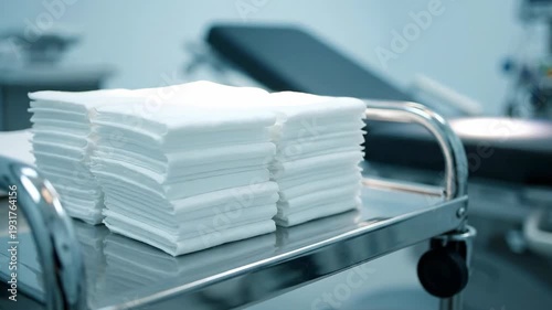 Stack of white sterile gauze on stainless steel cart in hospital operating room. Healthcare and medical supplies.