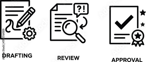 Minimalist business workflow line icon set: professional process for document drafting, quality review, and final approval.
