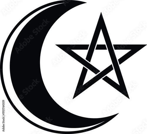 Black crescent moon and interlaced five pointed star vector illustration silhouette icon isolated on white background for religious symbols, mystical concepts, and celestial design.