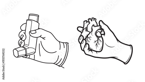 Hand Holding Medicine Vial And Anatomical Heart Model Representing Pharmaceutical Sampling, Clinical Specimen Handling And Healthcare Product Evaluation Illustration