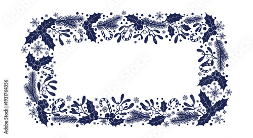 Elegant Christmas Holiday Frame Border with Festive Holly Mistletoe Pine Snowflakes Candy Canes