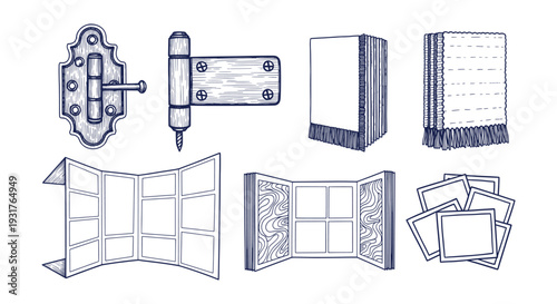 Vintage Hand Drawn Objects Collection Antique Hardware Books Maps Paper Etching Style