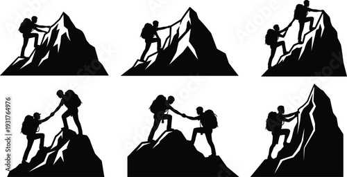 Black silhouette of mountain climbers helping each other to reach peak for teamwork partnership success goal achievement and outdoor adventure concept