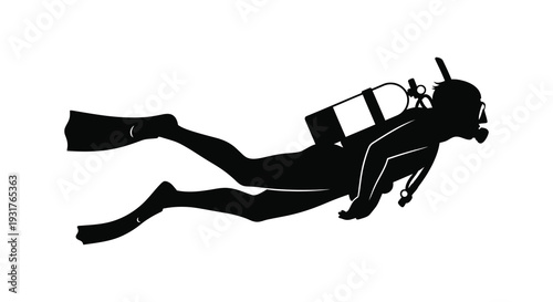 A striking black silhouette of a scuba diver in a dynamic pose seemingly underwater silhouette high quality professional detailed modern elegant