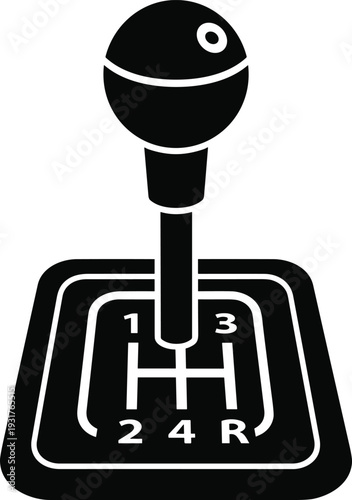 Black manual car gear shift stick lever with four speed transmission gate and reverse gear silhouette icon isolated on white background for automotive vector design.