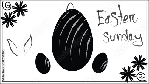 Hand drawn black and white Easter Sunday greeting card with decorated eggs, bunny ears, and floral sketches on white background