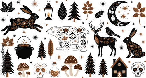 Autumn woodland folk art vector set, forest animals deer bear hare illustration with mushrooms leaves moon and rustic boho fall clipart collection