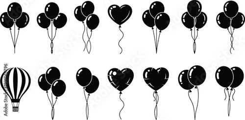 Black balloon silhouette collection, heart and round helium balloons vector set, birthday party decoration icons, hot air balloon illustration, monochrome celebration clipart