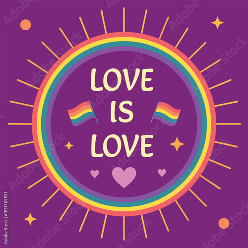 A vibrant circular design with the word love and rainbow colors promoting inclusivity high quality professional
