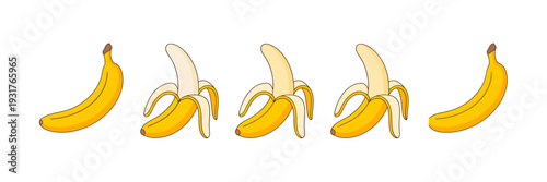 Cartoon illustration of ripe and peeled bananas in different stages