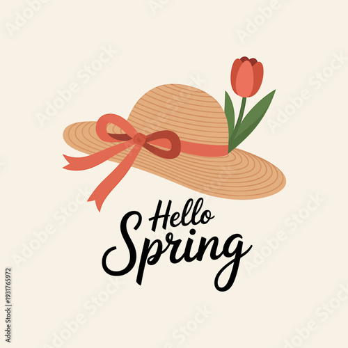 Hello Spring greeting card with straw hat and tulip flower