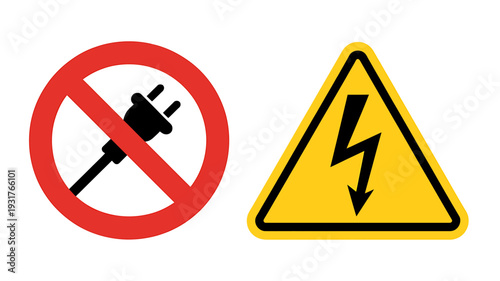 Warning signs for electricity and no plug icons on white background