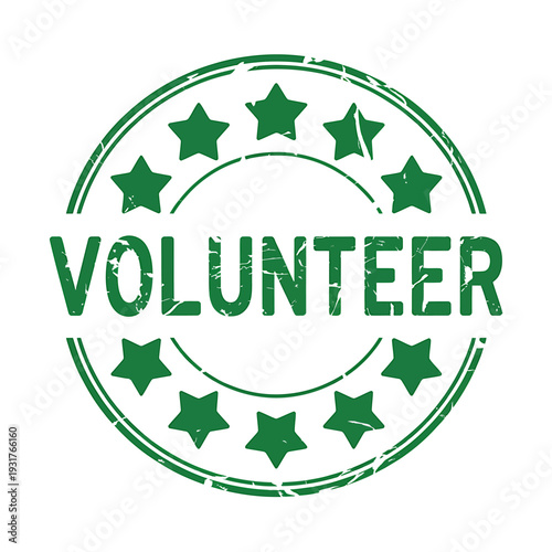 Green volunteer stamp with stars on white background