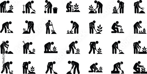Gardening silhouette icon collection, gardener planting watering digging and raking illustration set, black pictogram symbols for landscaping agriculture and garden maintenance