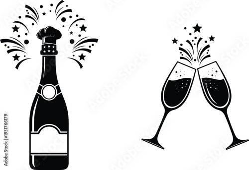 Champagne bottle popping cork with fireworks and two toasting glasses sparkling wine silhouette vector illustration for New Year party celebration wedding anniversary event greeting