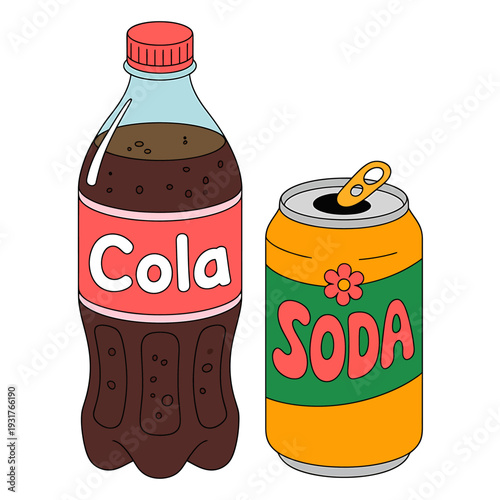 Cartoon bottle of cola and soda can side by side on white background