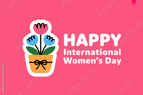 Happy International Womens Day greeting card with flowers in pot