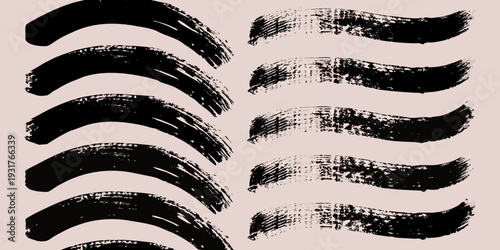 Abstract black brushstrokes arranged in curved parallel lines on pink