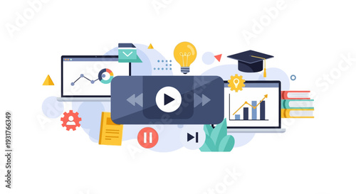 E-Learning Video Course Platform Concept Illustration. Online Education, Digital Learning, Data Analysis, and Academic Success.
