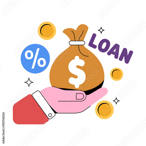Cartoon hand holding money bag with loan percent and coins