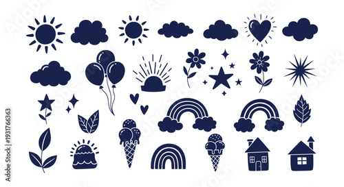 Charming Hand Drawn Doodle Vector Icon Collection Sun Clouds Rainbow House Ice Cream