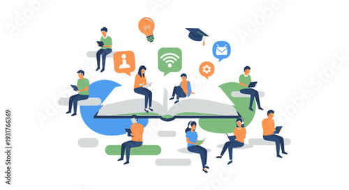 Online Education and E-learning Concept. Diverse Students Studying on a Giant Open Book, Surrounded by Technology and Knowledge Icons.