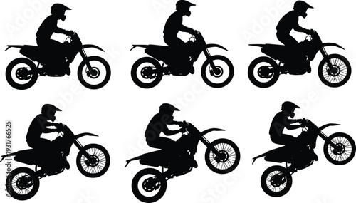 Motocross rider silhouette vector set, dirt bike jump illustration collection, extreme sport motorcycle stunt graphics, off road racing action poses, black monochrome design