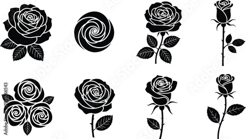 Rose silhouette vector collection, black floral rose flowers and buds illustration set, elegant botanical design elements, romantic tattoo style clipart