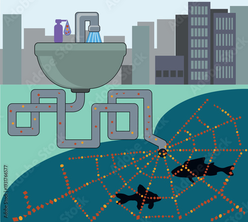 Microplastic pollution concept: plastic particles flowing from tap water into the ocean with fish