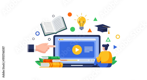 Online Education E-learning Concept. Student Watching Video Tutorial on Laptop, surrounded by Books, Lightbulb, and Graduation Cap.