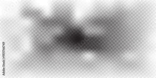 Hexagon halftone gradient texture. Abstract black grunge background. Geometric retro halftone tech overlay. Fading wavy hexagonal pattern backdrop. Vector vanishing honeycomb grunge bitmap wallpaper