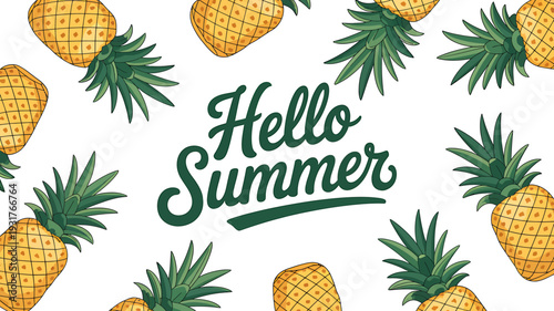 Hello Summer greeting card with pineapples on white background
