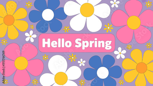 Colorful flowers with Hello Spring text on purple background