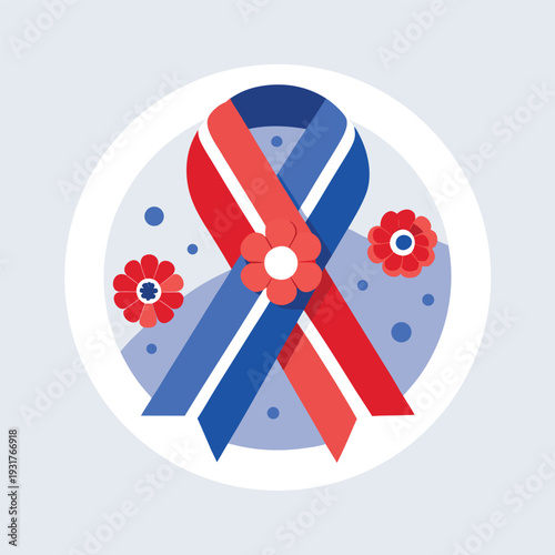 A circular graphic featuring a red and blue ribbon with poppy flowers symbolizing remembrance high quality
