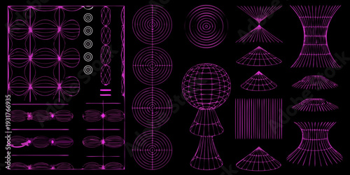 Abstract geometric patterns in magenta lines on a black background
