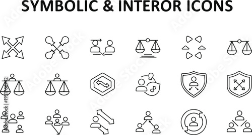 Symbolic Line Icons Set of Human Resources, Justice, Law and Teamwork.